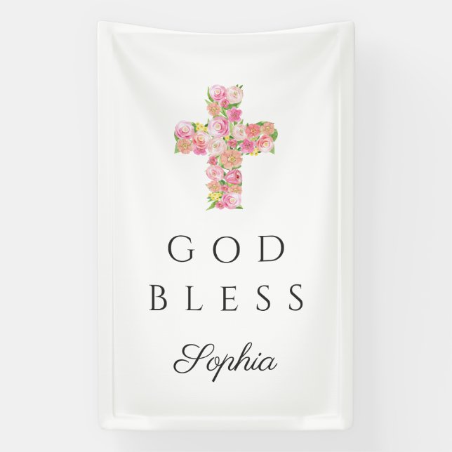 Pink Floral Cross Religious God Bless Banner (Vertical)