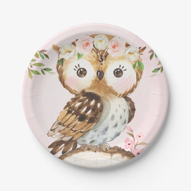 Pink Floral Crown Owl Birthday Paper Plate (Front)