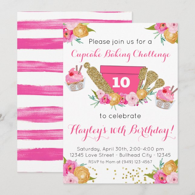 Pink Floral Cupcake Baking Challenge Birthday Invitation (Front/Back)