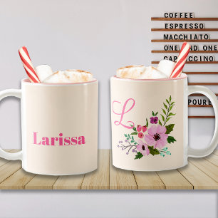 Pink Floral Custom Name and Monogram Two-Tone Coffee Mug