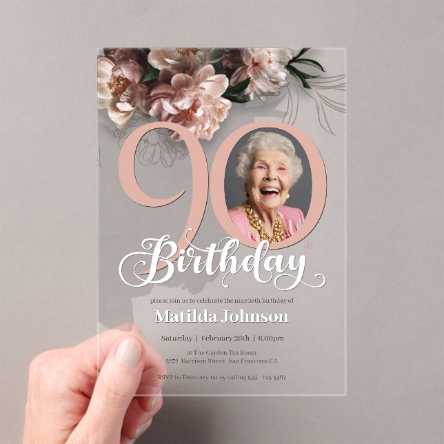 Pink Floral Custom Photo 90th Birthday Acrylic Invitations (Insitu (Handheld))