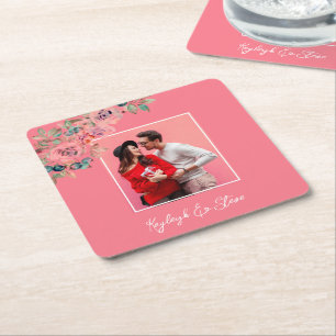 Pink Floral Custom Photo Wedding Names Coaster