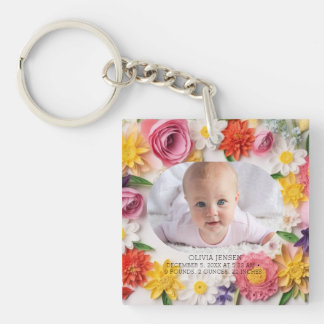 Pink Floral Custom Watercolor New Baby Girl Photo Key Ring