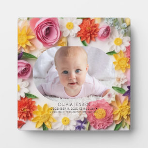 Pink Floral Custom Watercolor New Baby Girl Photo Plaque