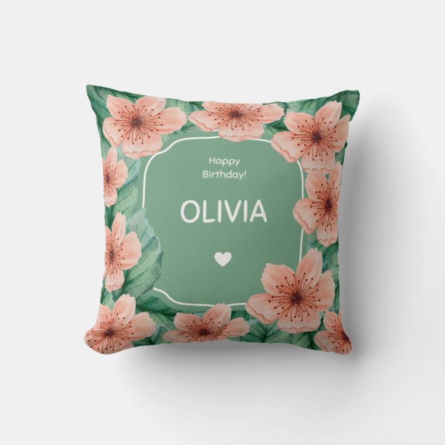 Pink floral Customised Birthday Throw Pillow  (Front)