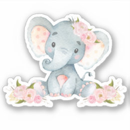 Pink Floral Cute Baby Elephant Cut Out Vinyl Stic