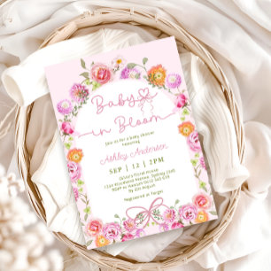 Pink Floral Cute Baby in Bloom Girl Shower Invitation