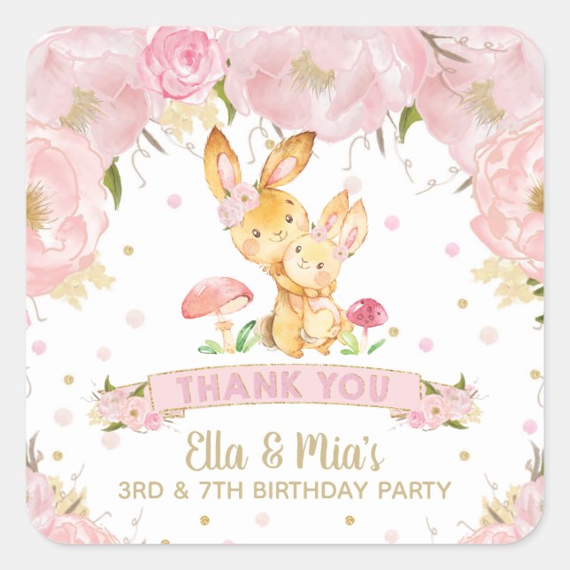 Pink Floral Cute Bunnies Joint Sisters Birthday Square Sticker (Front)