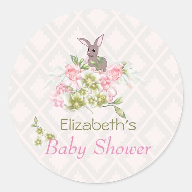 Pink Floral Cute  Bunny Baby Shower Classic Round Sticker (Front)