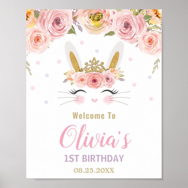 Pink Floral Cute Bunny Rabbit 1st Birthday Welcome Poster (Front)