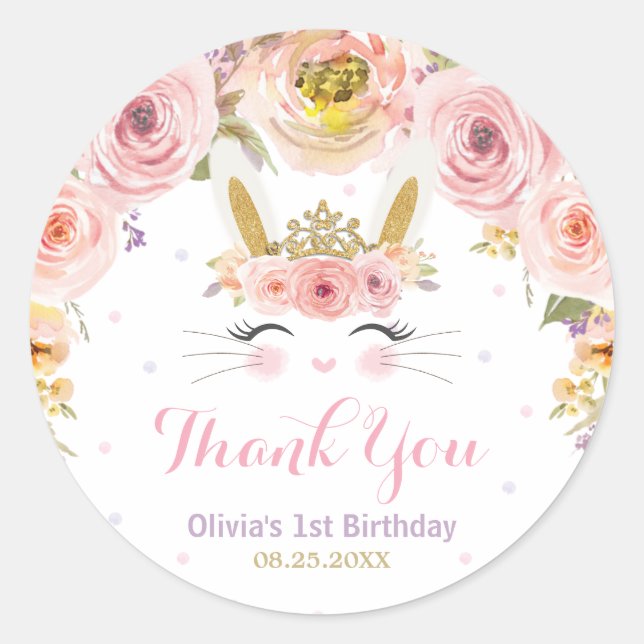Pink Floral Cute Bunny Rabbit 1st First Birthday  Classic Round Sticker (Front)