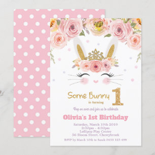 Pink Floral Cute Bunny Rabbit 1st First Birthday Invitation