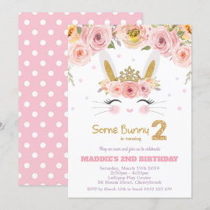 Pink Floral Cute Bunny Rabbit 2nd Second Birthday Invitation