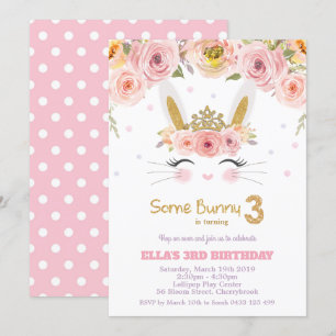 Pink Floral Cute Bunny Rabbit 3rd Third Birthday Invitation