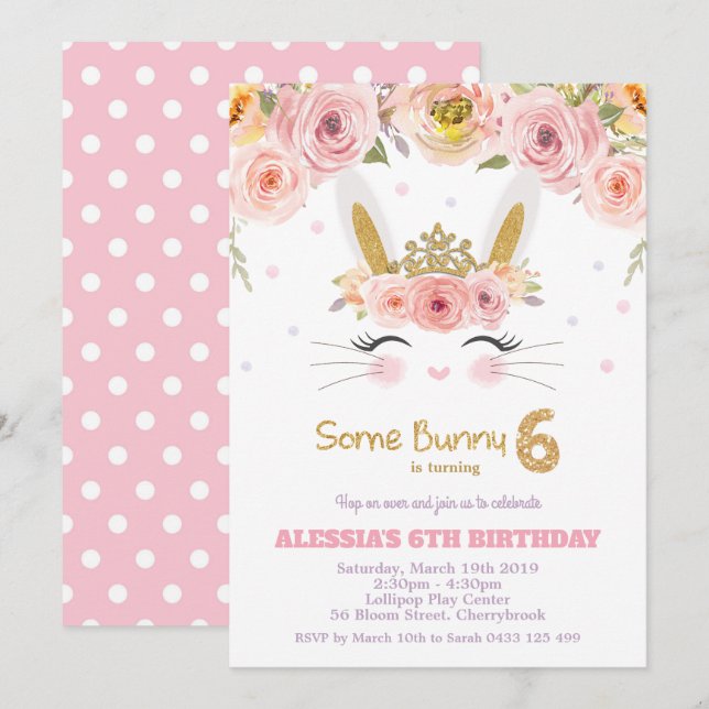 Pink Floral Cute Bunny Rabbit 6th Birthday Girl Invitation (Front/Back)