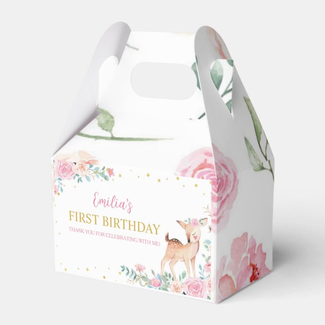 Pink Floral Cute Deer First Birthday Favour Box (Front Side)