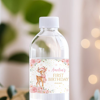 Pink Floral Cute Deer Winter Birthday Party Water Bottle Label