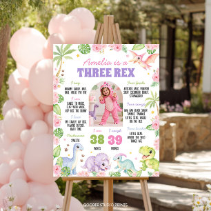 Pink Floral Cute Dinosaur Jungle Photo Milestone Poster