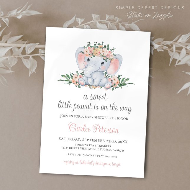 Pink Floral Cute Elephant Baby Girl Baby Shower Invitation (Pink Floral Boho Elephant Baby Shower Invitation with Calligraphy Script on White Background)