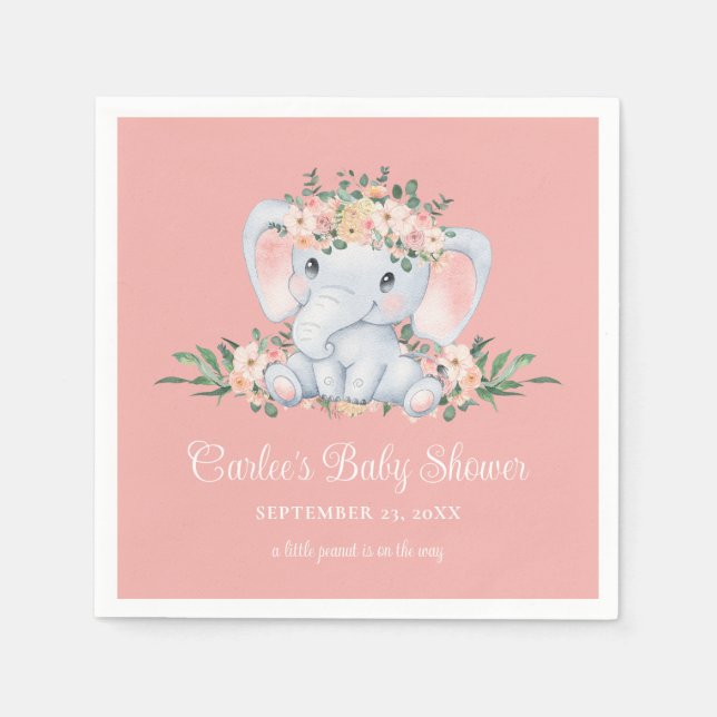 Pink Floral Cute Elephant Baby Girl Baby Shower Napkin (Front)