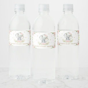 Pink Floral Cute Elephant Baby Shower 1st Birthday Water Bottle Label