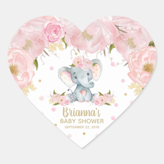 Pink Floral Cute Elephant Baby Shower Heart Sticker (Front)