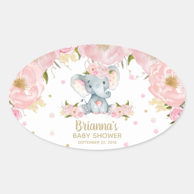 Pink Floral Cute Elephant Baby Shower Oval Sticker (Front)