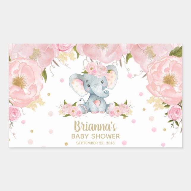 Pink Floral Cute Elephant Baby Shower Rectangular Sticker (Front)