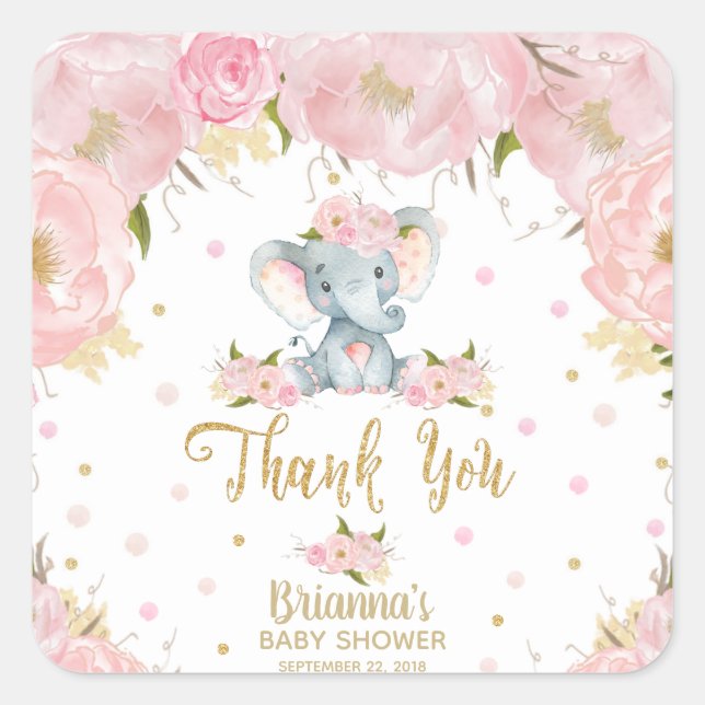 Pink Floral Cute Elephant Baby Shower Stickers (Front)