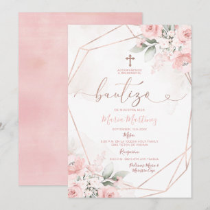 Pink Floral Cute Girl Spanish Bautizo Christening Invitation