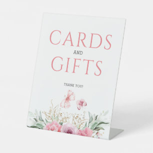Pink Floral Cute Gold Birthday Card and Gifts Pedestal Sign