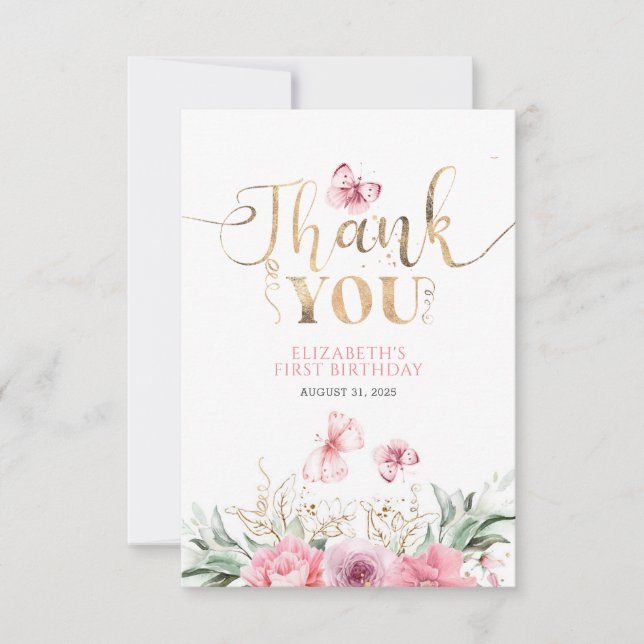 Pink Floral Cute Gold Birthday Thank You Card (Front)