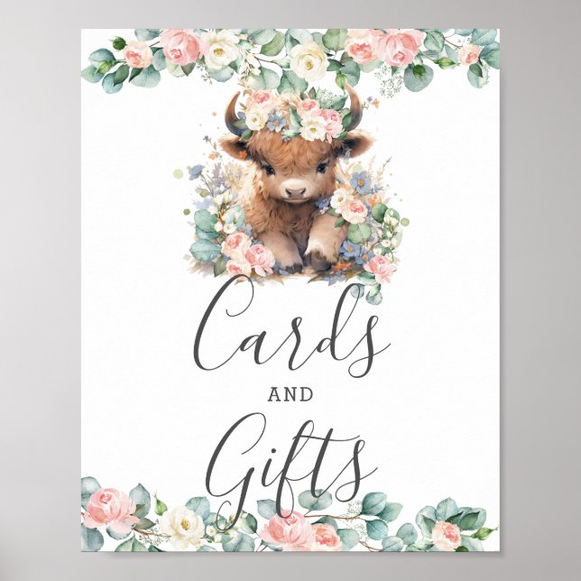 Pink Floral Cute Highland Cow Baby Cards and Gifts Poster (Front)