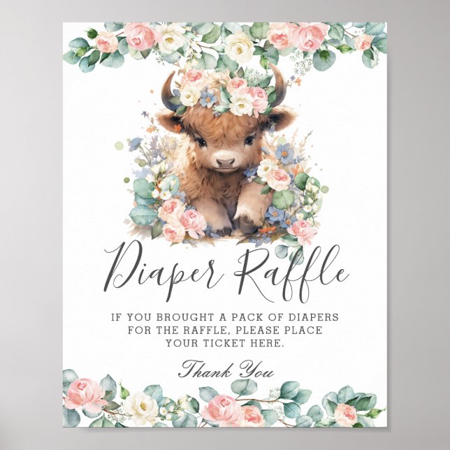 Pink Floral Cute Highland Cow Baby Diaper Raffle Poster (Front)