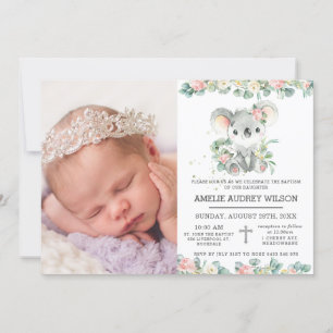 Pink Floral Cute Koala Baptism Christening Photo Invitation