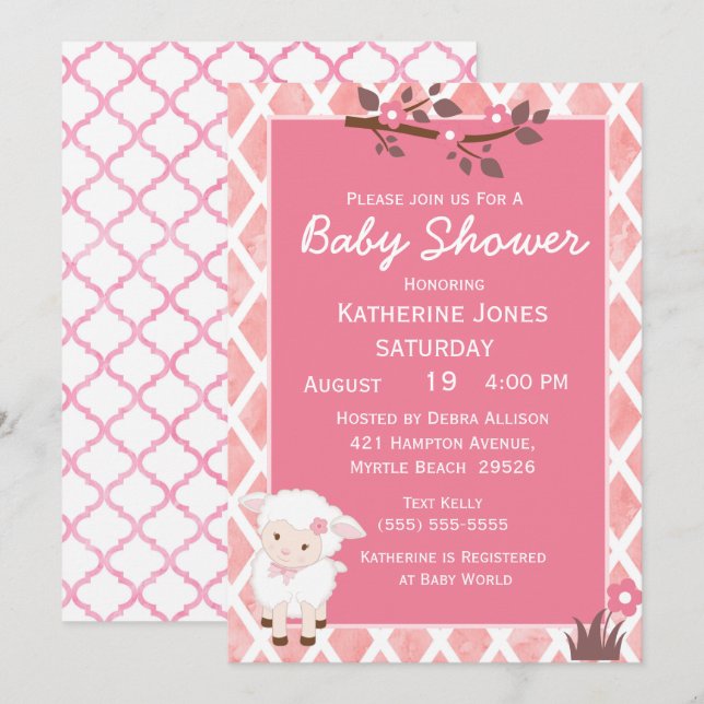 Pink Floral Cute Lamb Baby Shower Invitation (Front/Back)
