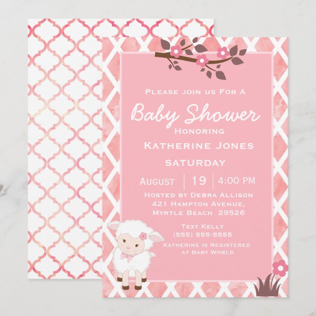 Pink Floral Cute Lamb Baby Shower Invitation (Front/Back)