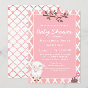 Pink Floral Cute Lamb Baby Shower Invitation