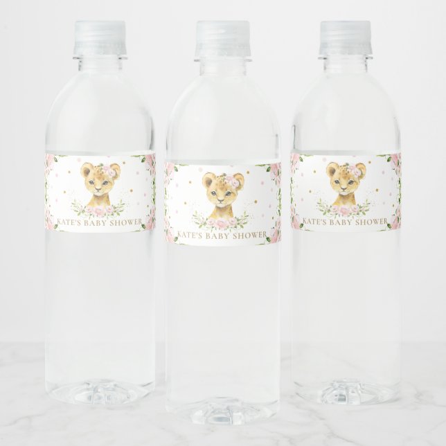 Pink Floral Cute Lion Cub Baby Shower 1st Birthday Water Bottle Label (Bottles)