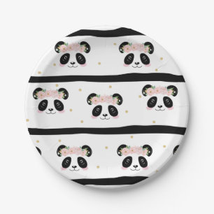 Pink Floral Cute Panda Birthday Baby Party Paper Plate