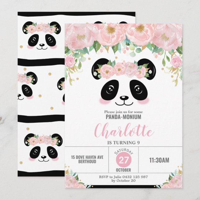 Pink Floral Cute Panda Birthday Party Invitation (Front/Back)