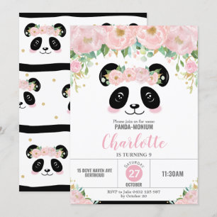 Pink Floral Cute Panda Birthday Party Invitation