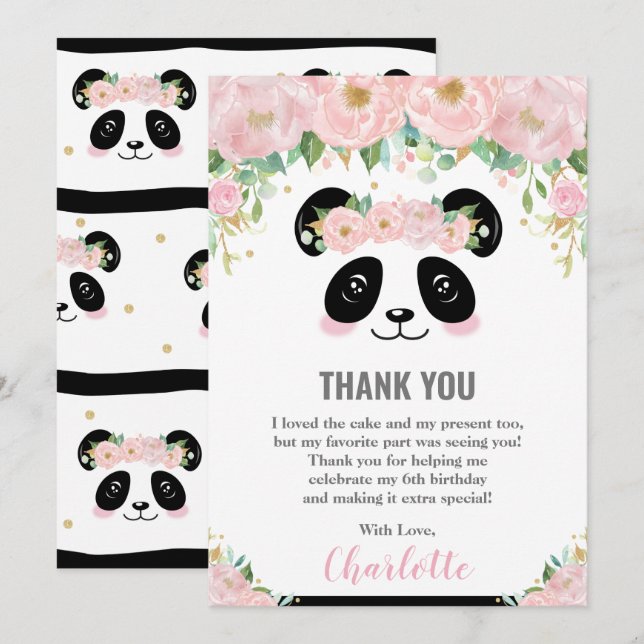 Pink Floral Cute Panda Birthday Thank You Card (Front/Back)