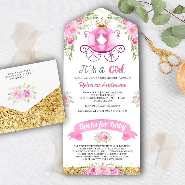 Pink Floral Cute Princess Carriage Baby Shower All In One Invitation (Creator Uploaded)