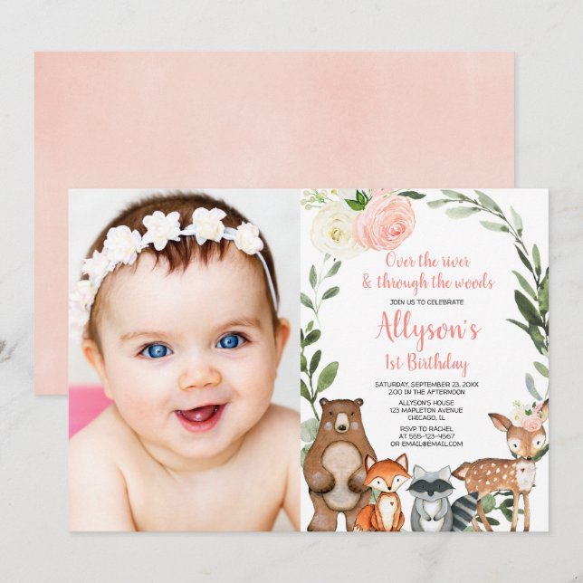 Pink floral cute woodland girl 1st birthday photo invitation (Front/Back)
