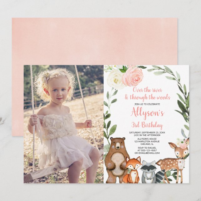 Pink floral cute woodland girl birthday photo invitation (Front/Back)