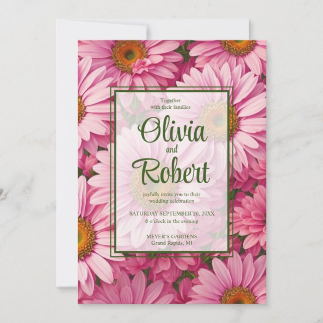 Pink floral daisies retro pink flowers Wedding Invitation (Front)