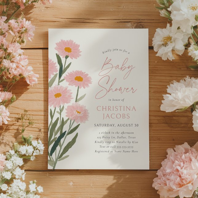 Pink Floral Daisy Baby in Bloom Baby Shower Invitation (Creator Uploaded)