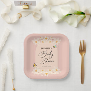 Pink Floral Daisy Bees Baby Shower Paper Plate