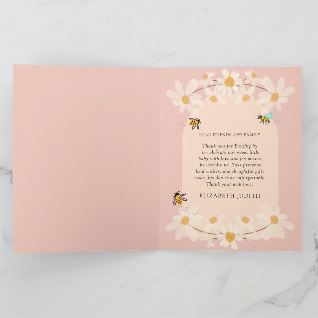 Pink Floral Daisy Bees Baby Shower  Thank You Card (Inside)